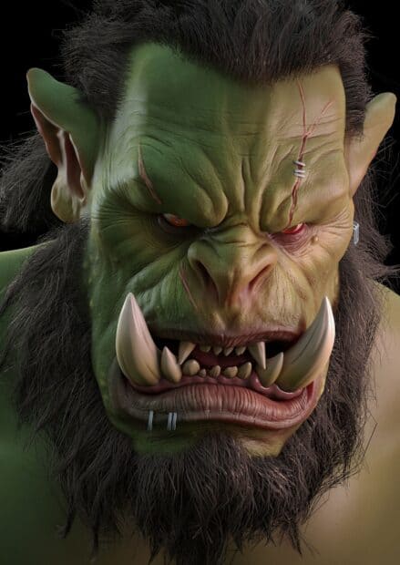 A fierce green orc with sharp tusks and scars is shown in a close up view, HD Mobile Wallpaper