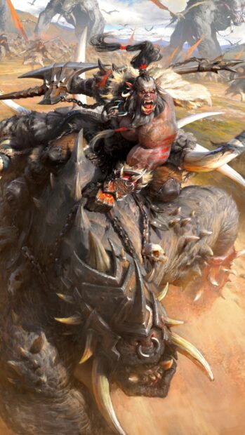 A fierce orc warrior rides a large armored beast through a fiery battlefield, roaring loudly, 4K Mobile Wallpaper