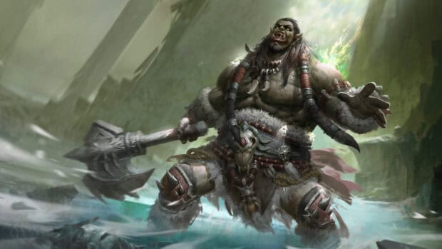 A fierce orc warrior holding a large weapon in a stormy environment is shown, HD Desktop Wallpaper