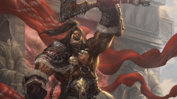 A powerful orc warrior raising a weapon with red banners flowing behind, HD Desktop Wallpaper
