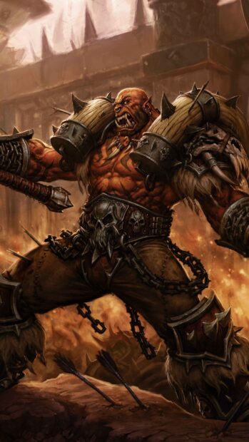 A fierce orc warrior is ready to fight with a powerful weapon and armor, 4K Mobile Wallpaper