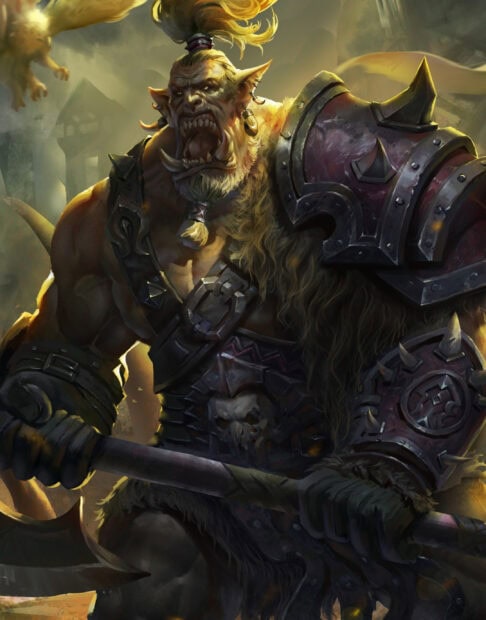 A fierce orc warrior wearing spiked armor and wielding a battle axe in a dark fantasy setting, 2K Mobile Wallpaper