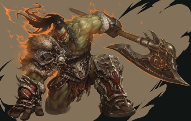 A fierce orc warrior with glowing red eyes wields a fiery axe in battle stance, HD Desktop Wallpaper