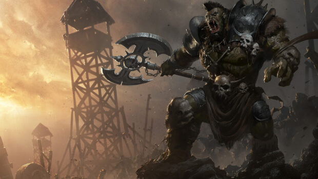 A fierce orc warrior holding a large axe and standing among ruins with watchtowers, HD Desktop Wallpaper