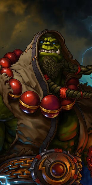 A fierce orc warrior with glowing blue eyes wearing a hood and large red beads, HD Phone Wallpaper