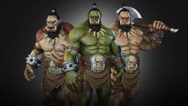 Three muscular orc warriors with scars and weapons appear ready for battle with detailed armor, HD Desktop Wallpaper