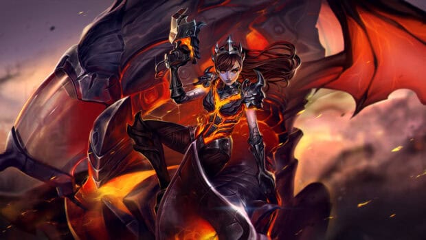 The image features a fiery armored warrior riding a massive dragon with glowing lava like accents, Heroes Of The Storm Wallpapers, HD Desktop Wallpaper