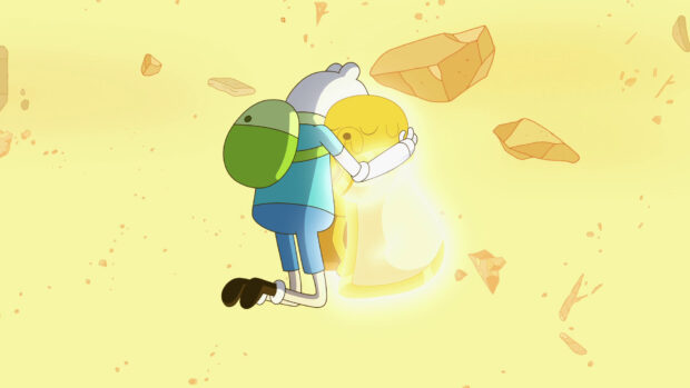 Finn shares a heartfelt hug with glowing Jake amid floating rocks, HD Desktop Wallpaper