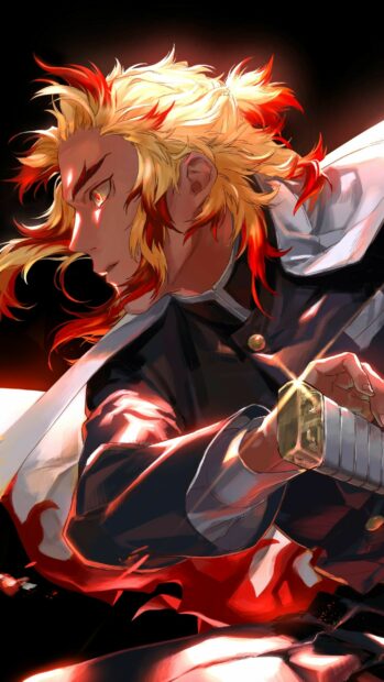 A fierce character with fiery hair wields a sword in Demon Slayer Kimetsu No Yaiba, 2K Phone Wallpaper