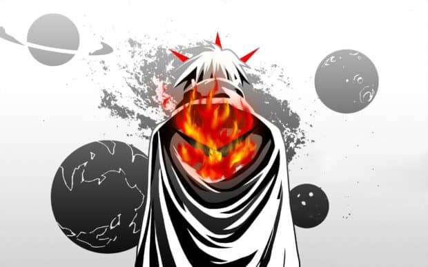 A character wearing a cloak with a flaming emblem stands against a space background featuring planets, HD Desktop Wallpaper