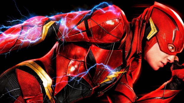The Flash superhero in a red suit is running fast with electric effects in the background, 2K Desktop Wallpaper