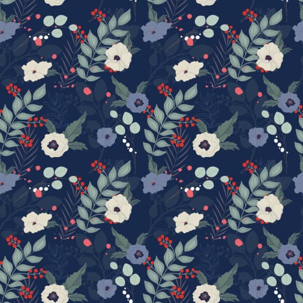A floral design features white and purple flowers with green leaves and red berries on a dark blue backdrop, HD Desktop Wallpaper