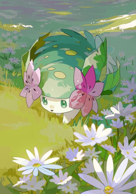 A Grass Pokemon is surrounded by flowers in a peaceful meadow, HD Mobile Wallpaper