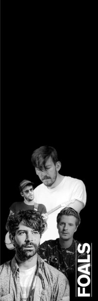 The Foals band members in a black and white artistic collage, 2K Phone Wallpaper