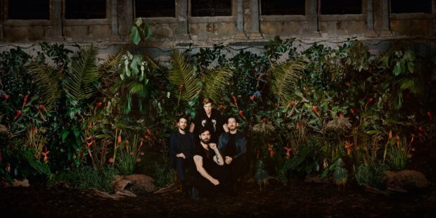 Foals band members posing in front of lush green plants and flowers, 2K Desktop Wallpaper