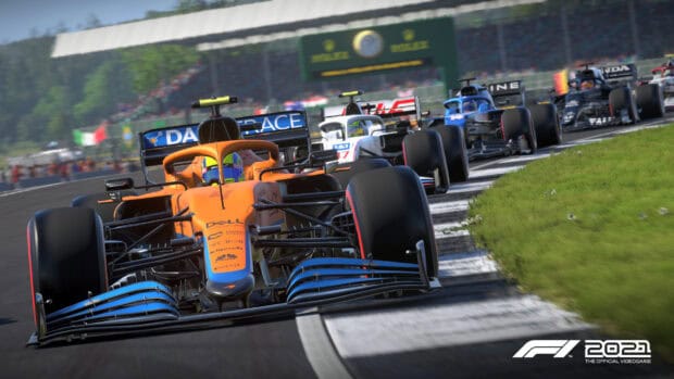 A group of racing game cars competing closely on the track during a high speed race, HD Desktop Wallpaper