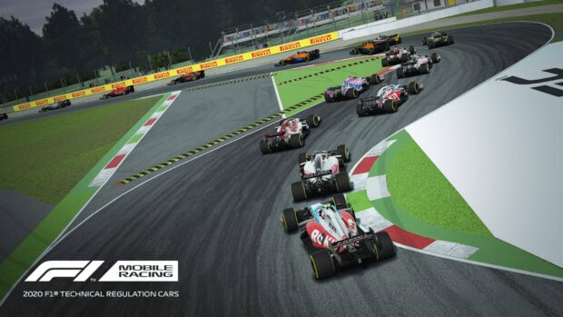 A group of racing cars competes on a technical circuit in a racing game, HD Desktop Wallpaper