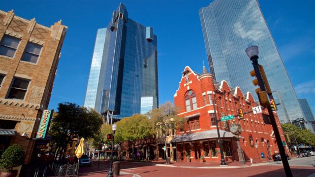 A clear view of Fort Worth city skyline showing a mix of modern skyscrapers and historic buildings, 2K Desktop Wallpaper