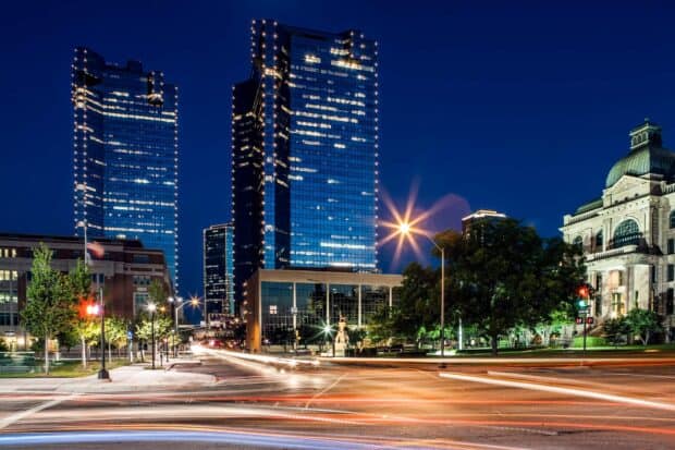 The Fort Worth skyline features illuminated skyscrapers and city lights at night, HD Desktop Wallpaper
