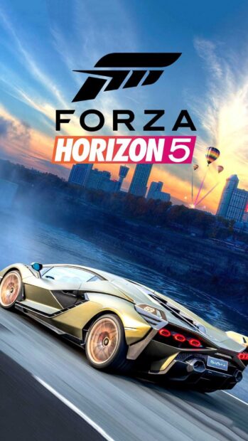 A racing game wallpaper showing a sleek sports car speeding by a cityscape at sunset, HD Phone Wallpaper
