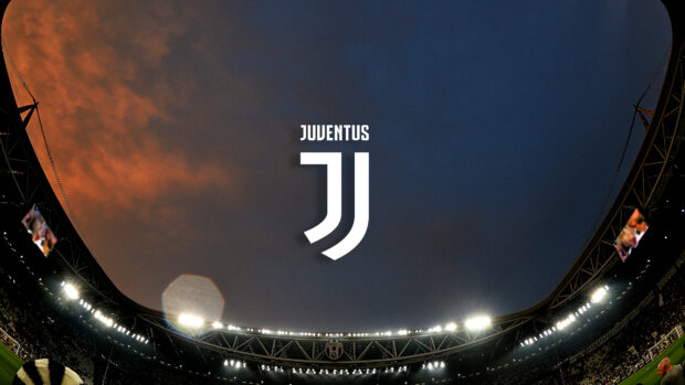 The Forza Juve logo is displayed against a dark sky above the stadium, 4K Desktop Wallpaper