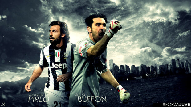 Andrea Pirlo and Gigi Buffon in Juventus jerseys celebrating on the field, HD Desktop Wallpaper