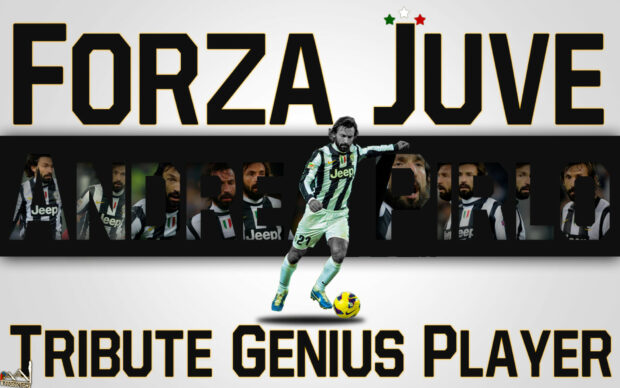Andrea Pirlo in Juventus kit playing football with Forza Juve text, HD Desktop Wallpaper