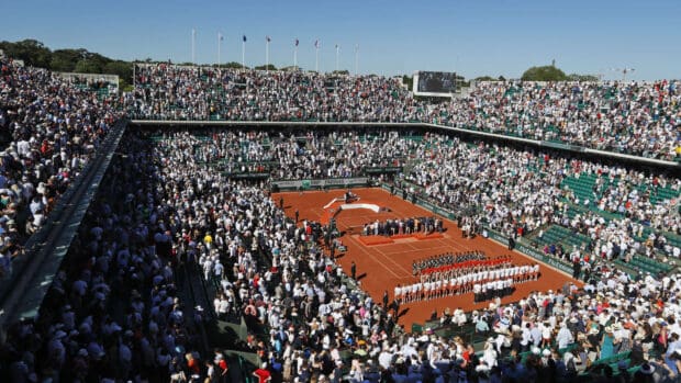 The French Open Roland Garros showcases players and audience during a court ceremony at the clay court, HD Desktop Wallpaper