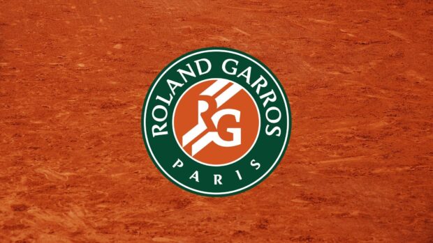 The French Open Roland Garros logo is displayed on a red clay tennis court, HD Desktop Wallpaper