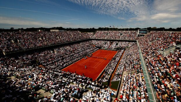 The French Open Roland Garros stadium is packed with fans on a sunny day, HD Desktop Wallpaper