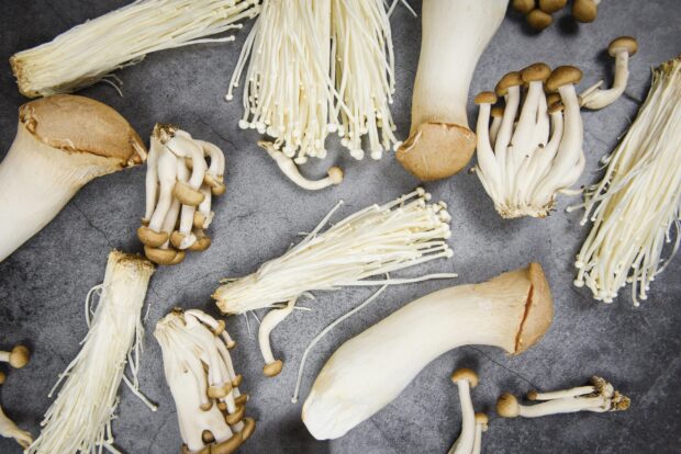 The image shows fresh enoki mushrooms and other mushroom varieties arranged on a gray textured surface, 2K Desktop Wallpaper