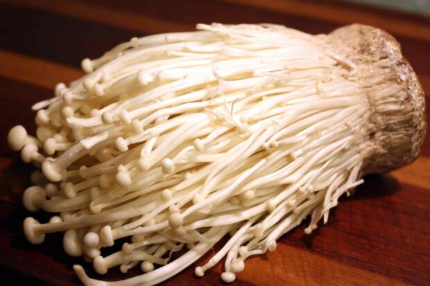 A close up of fresh enoki mushrooms showing their slender white stems and tiny caps on a wooden surface, HD Desktop Wallpaper