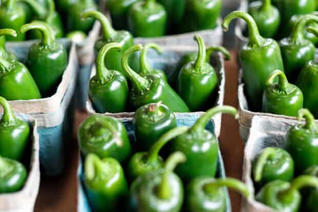 Fresh green jalapenos are packed neatly in cartons at a market stall, 2K Desktop Wallpaper