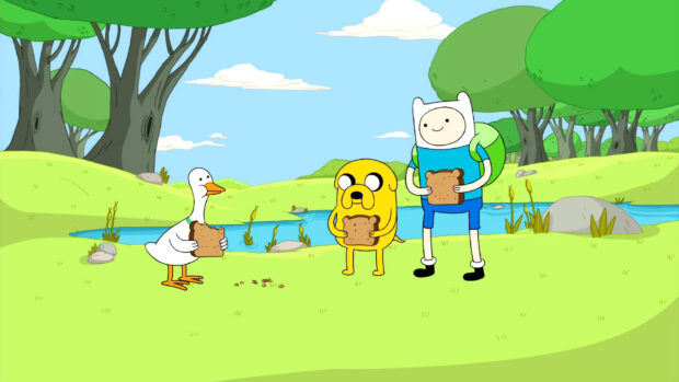 The Adventure Time Tv Series Wallpapers show Finn, Jake, and a duck eating together near a river, HD Desktop Wallpaper