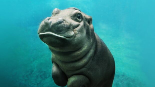 A close up of a friendly hippopotamus swimming underwater in clear blue water, 2K Desktop Wallpaper