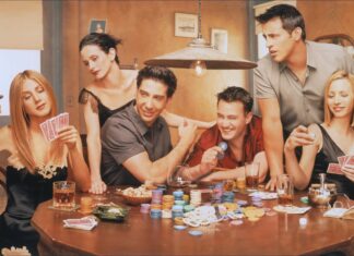 The Ross Friends Wallpapers cast plays poker happily at a table, HD Desktop Wallpaper
