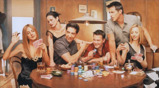 The Ross Friends Wallpapers cast plays poker happily at a table, HD Desktop Wallpaper