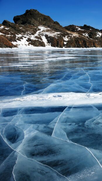 A frozen glacier surface with clear ice and rocky mountains under a blue sky, 4K Phone Wallpaper