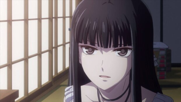 A close up of a female character from Fruits Basket anime with long black hair indoors, HD Desktop Wallpaper