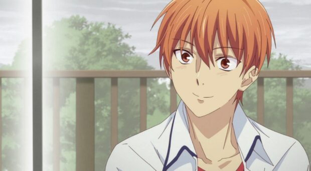 A smiling character from Fruits Basket anime looks outside with greenery behind, HD Desktop Wallpaper