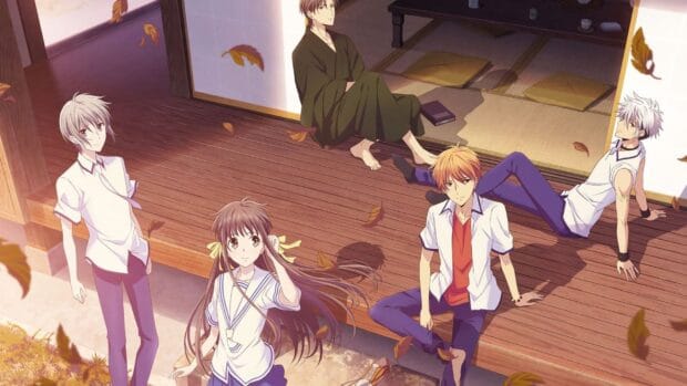 The Fruits Basket anime characters enjoy a peaceful moment outside with autumn leaves falling around them, HD Desktop Wallpaper