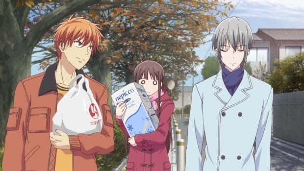 The Fruits Basket anime characters walk together on a street in autumn, HD Desktop Wallpaper