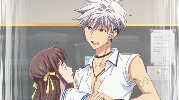 A girl and a boy share an intense moment in Fruits Basket anime, HD Desktop Wallpaper