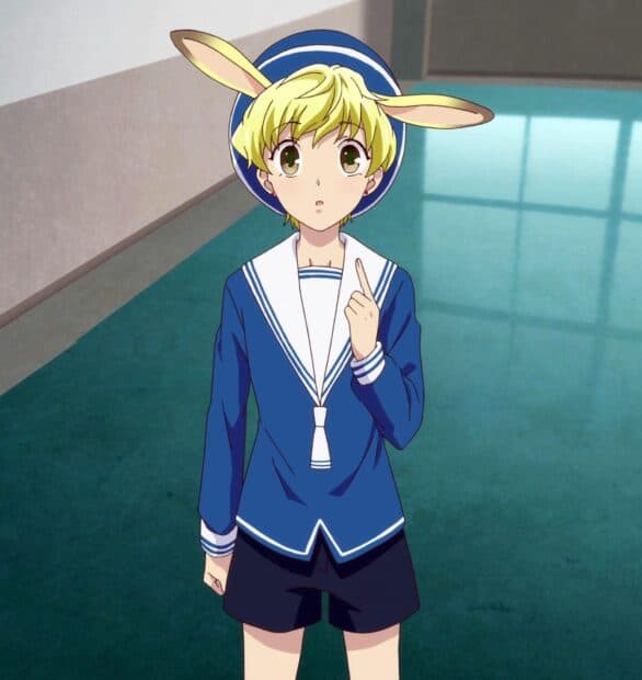 A character from Fruits Basket anime wears a blue sailor outfit with bunny ears indoors, HD Mobile Wallpaper