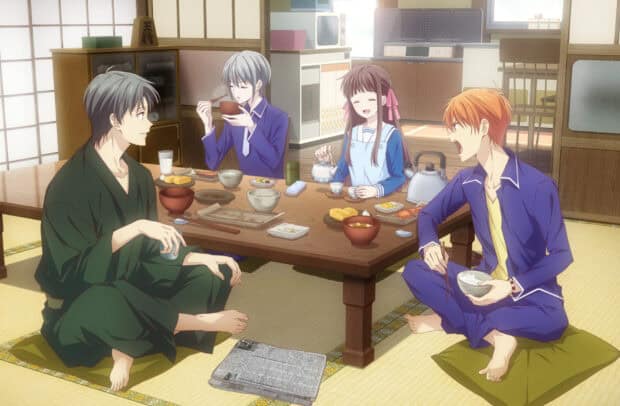 The Fruits Basket anime characters are sitting around a low dining table having a meal together, HD Desktop Wallpaper