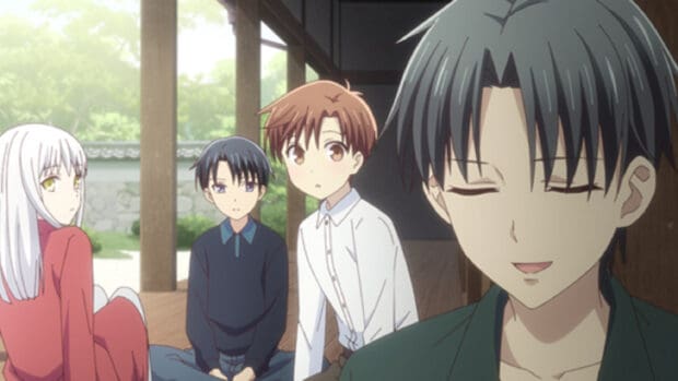 Four characters from Fruits Basket anime sitting quietly on a wooden porch, HD Desktop Wallpaper