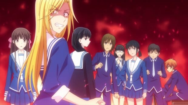 A group of Fruits Basket anime characters stand together with determined expressions against a fiery background, 2K Desktop Wallpaper