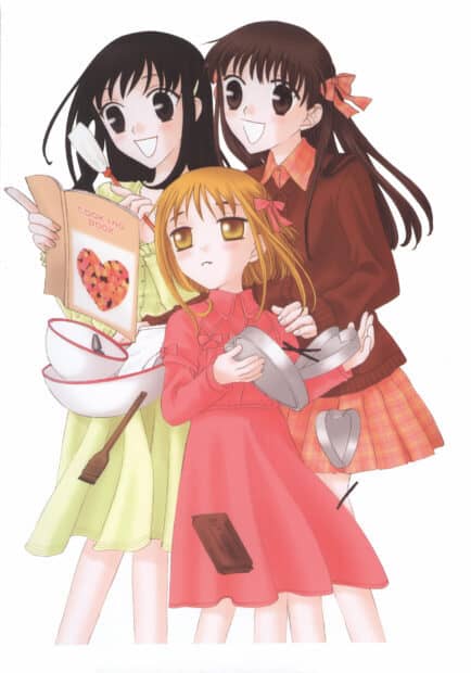 Three Fruits Basket anime characters preparing food together, 2K Desktop Wallpaper