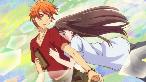 A girl hugs a boy with red hair from behind in Fruits Basket anime, HD Desktop Wallpaper