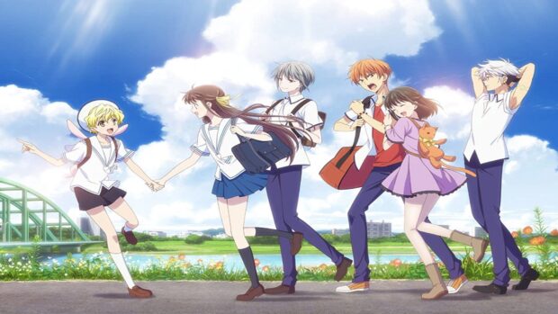 The Fruits Basket anime characters are walking happily outdoors under a blue sky, HD Desktop Wallpaper